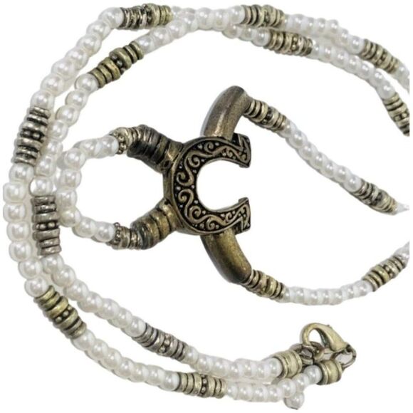 Vintage White Faux Pearl Horse Shoe Brass Long Naja Southwestern Bead Necklace - Picture 7 of 10